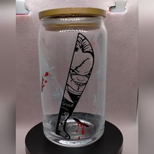 Slasher Killers Glass Cup with Bamboo Lid and Glass Straw‎ - NEW